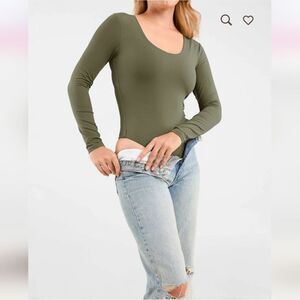 Nuuds Olive Green Scoop Neck Long Sleeve Thong Bodysuit XLarge
